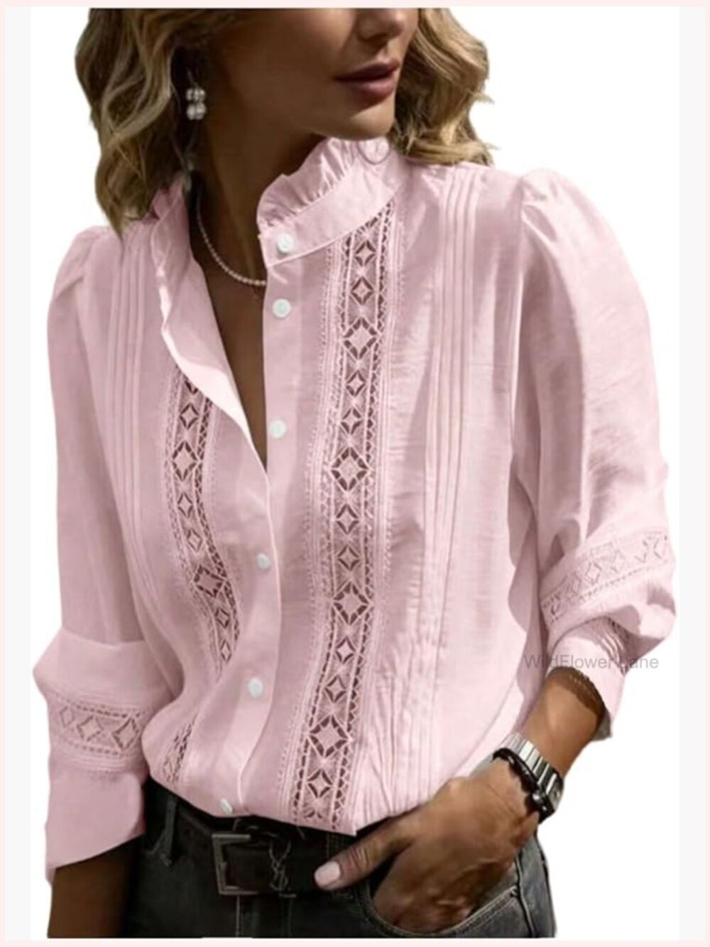 Women's Lace Button Up Shirt Office Eyelet Embroidered Long Sleeve Blouse